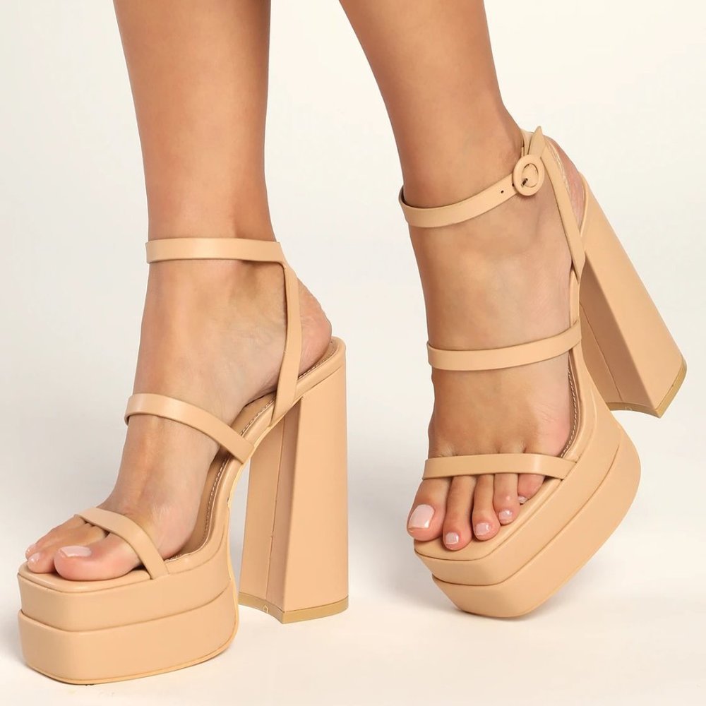 Aysha Light Nude Double Platform Ankle Strap High Heel Sandals